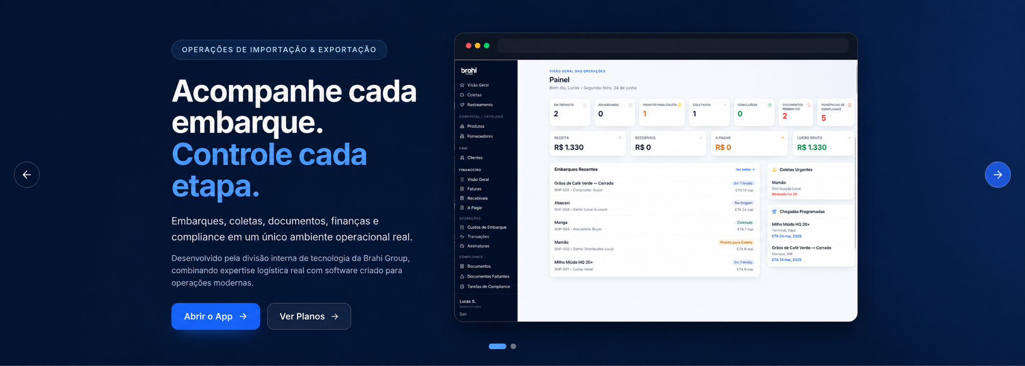 Plataforma Brahi Ops em português para operações de importação e exportação