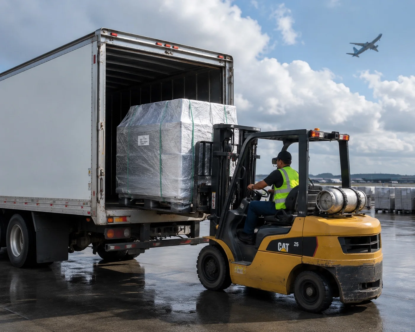 Temperature-controlled pallet being loaded near an aircraft for air freight