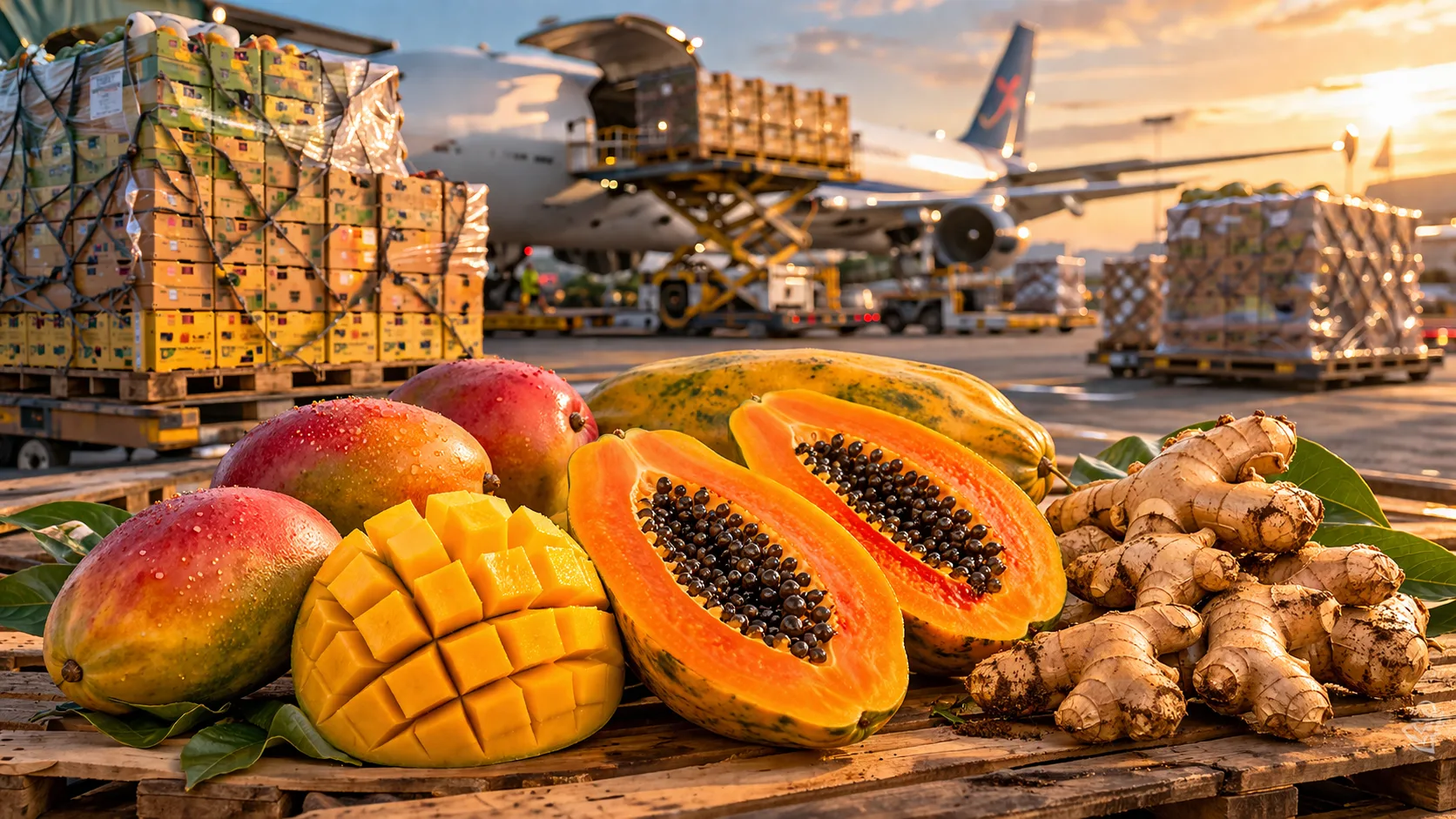 Fresh Brazilian papaya, mango and ginger prepared for international air freight