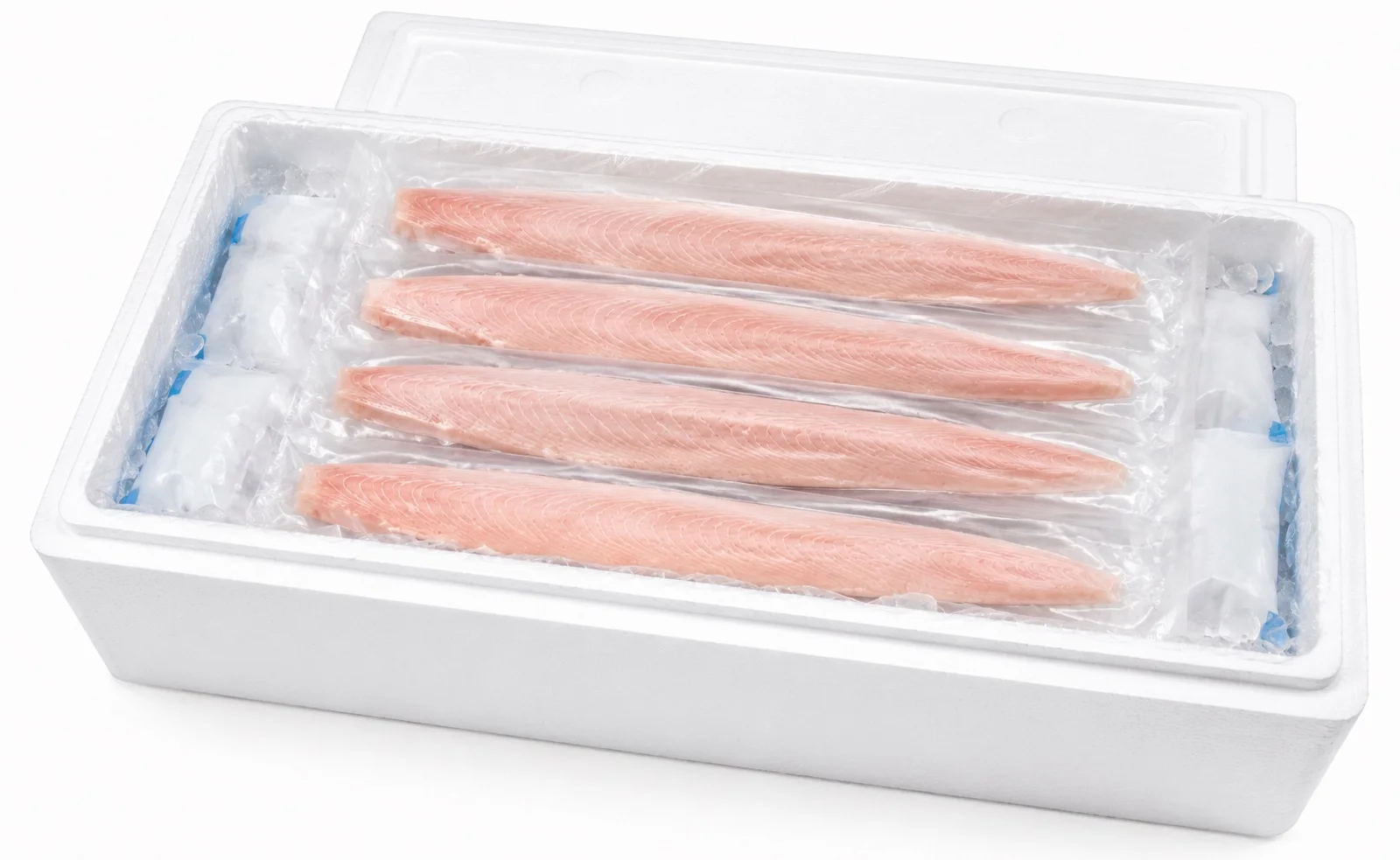 Frozen skin-off Mahi Mahi fillets packed in an insulated cold-chain export box