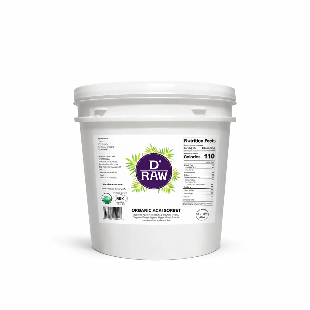 Frozen organic Brazilian açaí in a bulk tub for foodservice and retail